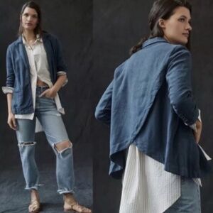Anthropologie Blue Linen Blend Cardigan Blazer Open Front Size 6 Lagenlook